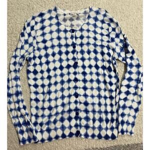 Gap Women's Size Medium Long Sleeve Tie Dye Argyle Cardigan Sweater Blue White